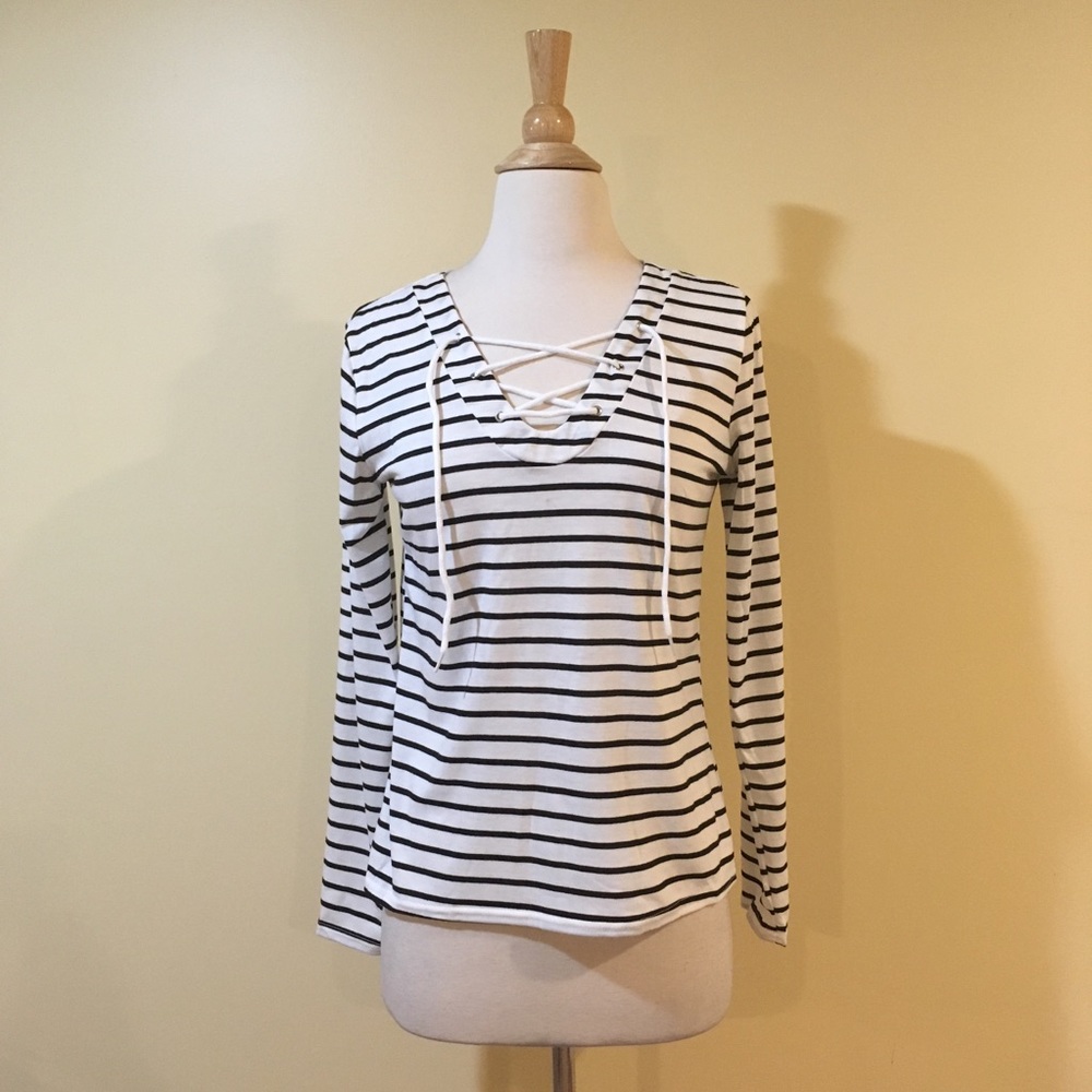 Lace Up V Neck Striped Long Sleeve Knit Top - Picture 2 of 4